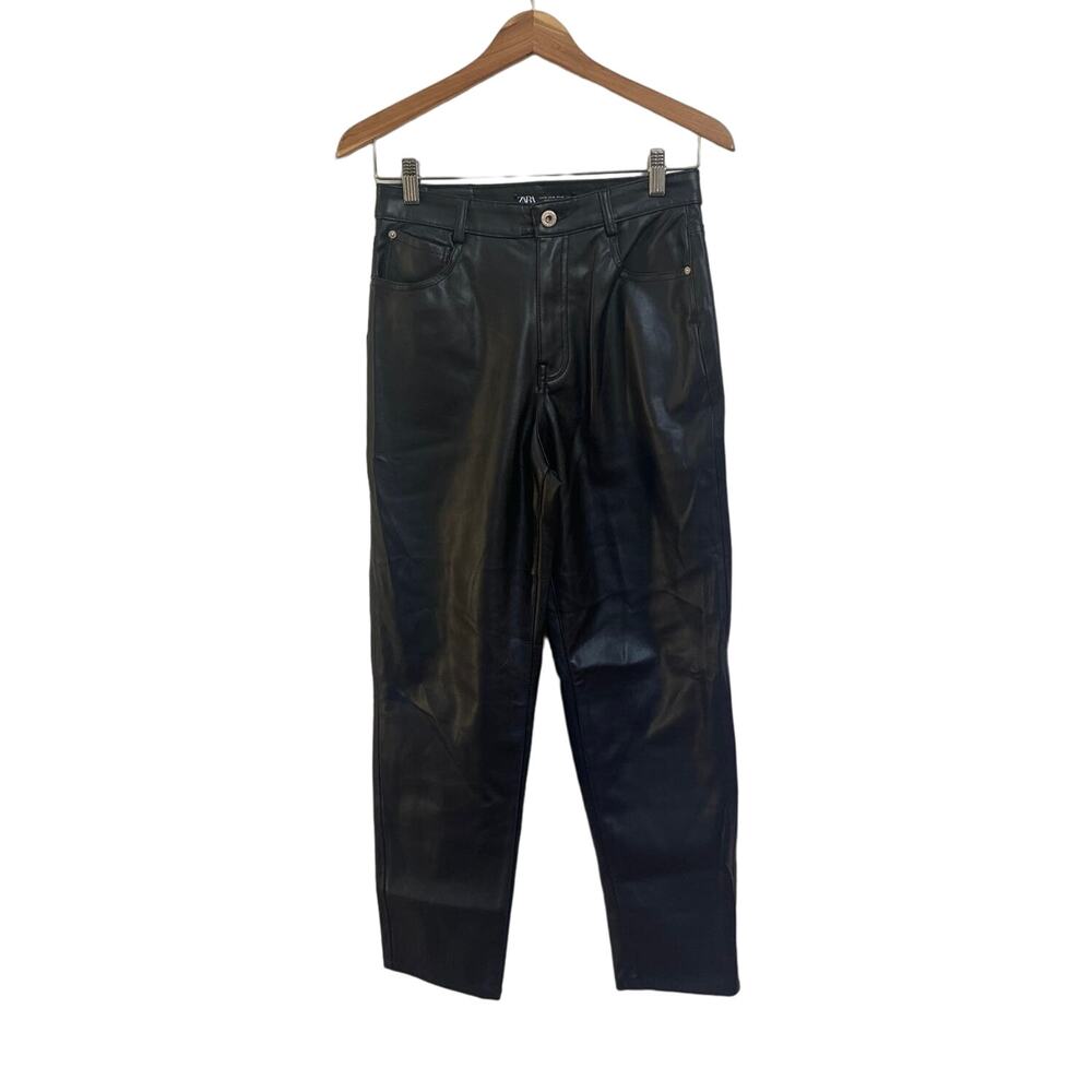 Zara Womens Black Faux Leather Straight Leg High Rise Pants Size 6 Nightlife